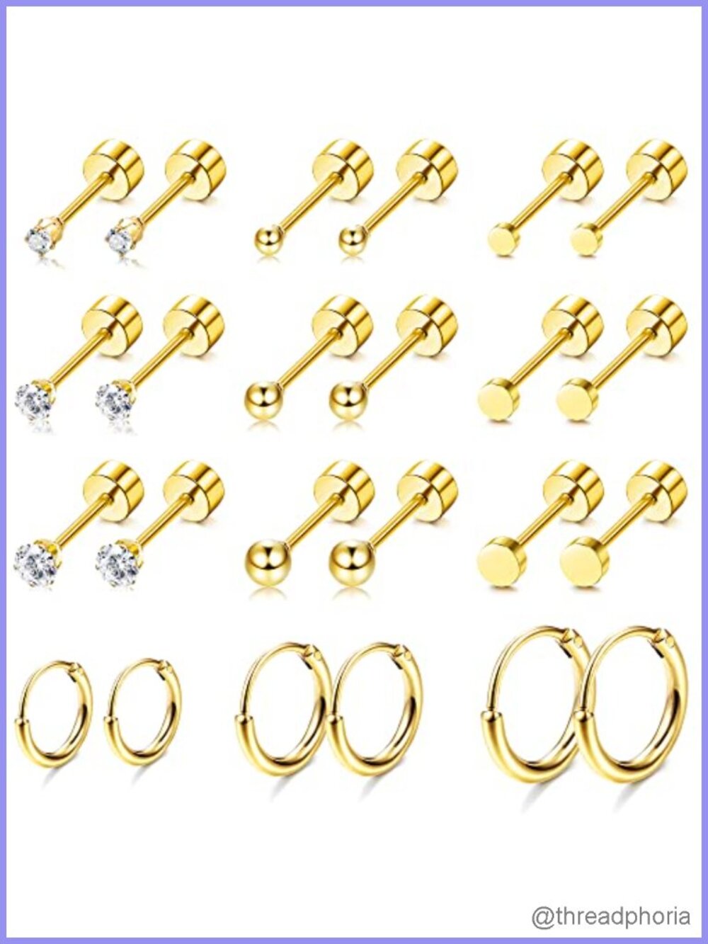 Tiny Stud Flat Back Earring Set Hypoallergenic 14K Gold Plated Surgical Steel